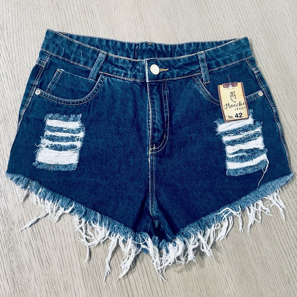 New Hocchi Brazil Jean Shorts High Rise Women’s 8 Raw Hem Distressed Denim Blue - Picture 2 of 9